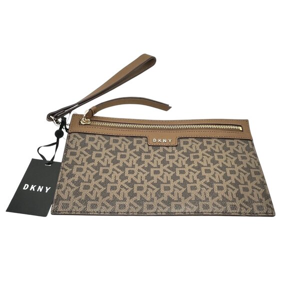 DKNY VELA LARGE WRISTLET LOGO BROWN MONOGRAM CLUTCH BAG NWT MSRP $118 - Picture 1 of 15